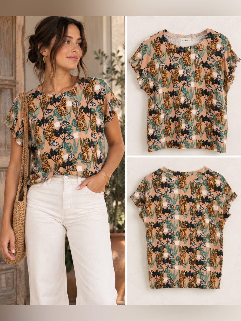 Pepaloves Anthropologie Feline Print Sweater Tee XS Leopard Jungle